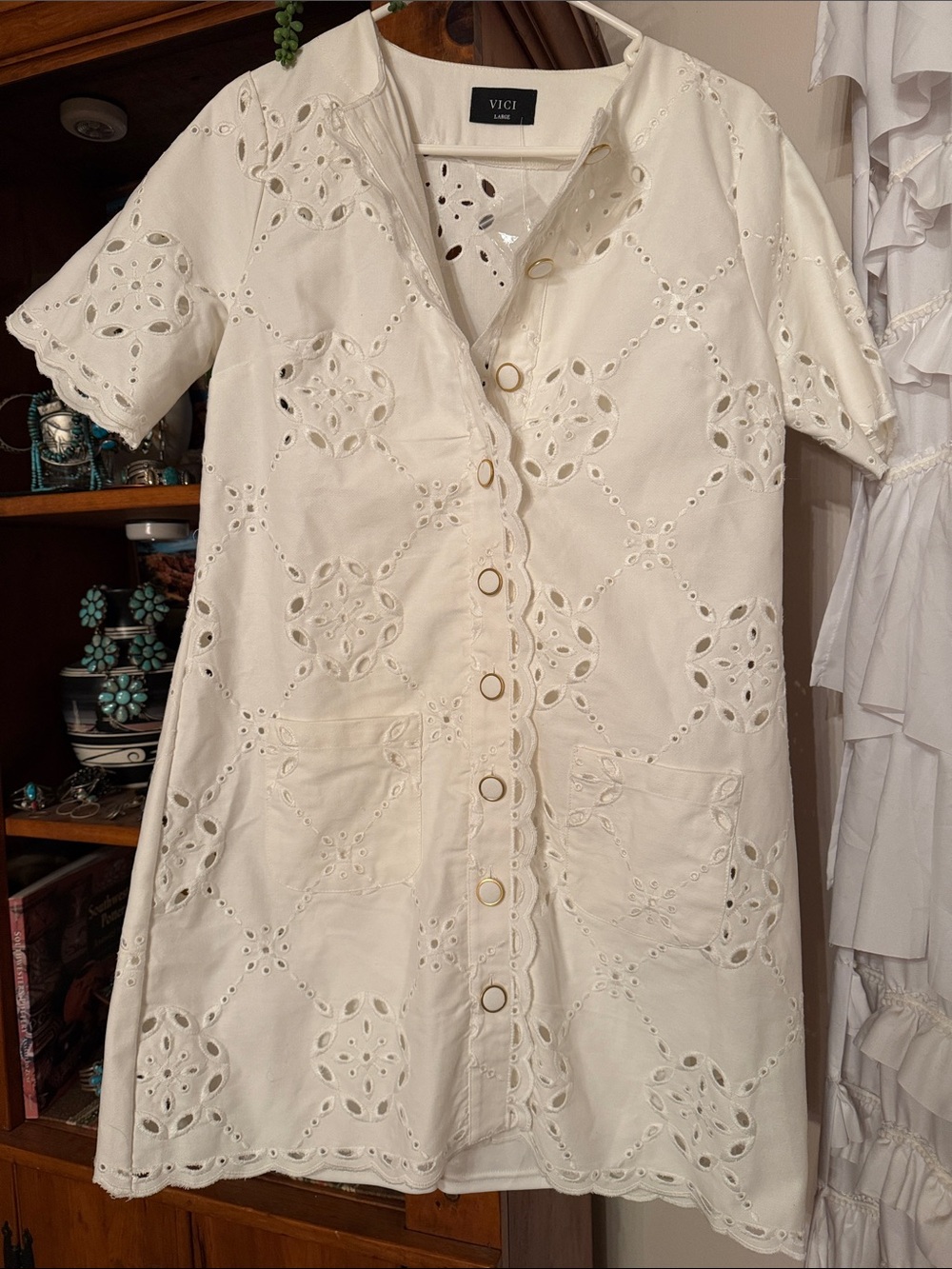 VICI White Eyelet Button-Front Mini Dress